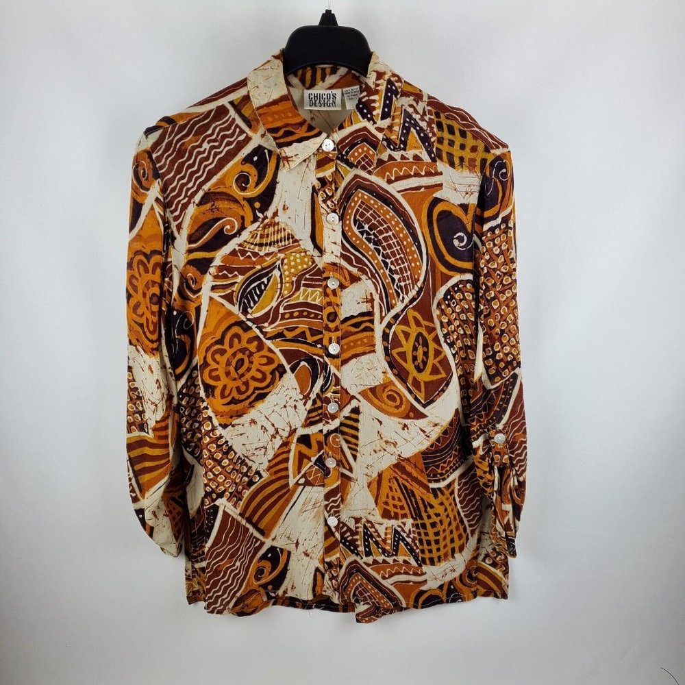 Chicos Design Women Blouse Top Long Sleeve Button Up Brown Cream Chicos 1=Medium